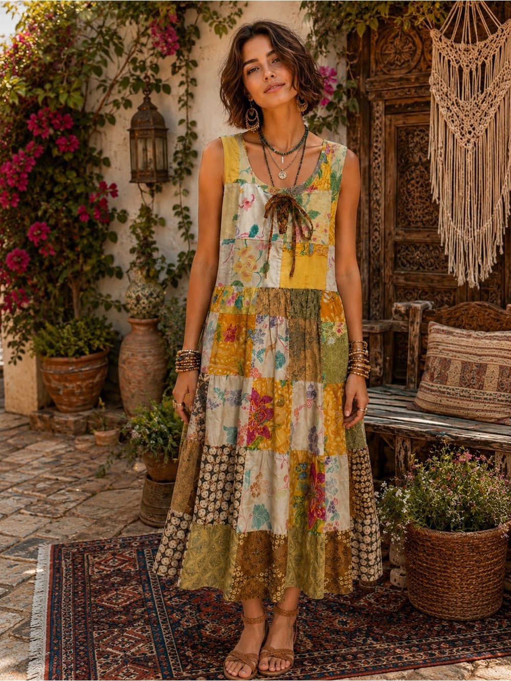 ⛱️ H072 NWT Jaded Gypsy S/M ptp 19 w16-20 Patchwork Floral Midi Dress Mustard
